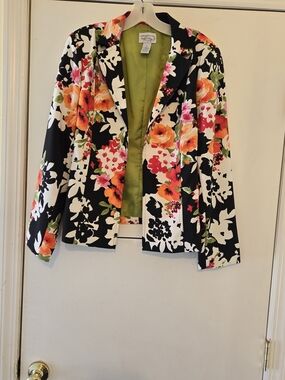 White House Black Market Black Floral Blazer with Orange & Pink Accents